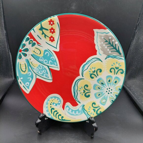 Set of 2 Dash Of That Red & Blue Floral Paisley Dessert/Salad 8.5" Plates EUC - Picture 1 of 5